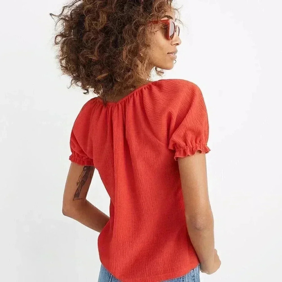 MADEWELL Texture & Thread Peasant Top Puff Sleeve Scoop Neck Shirt Red size XXS - Picture 2 of 11